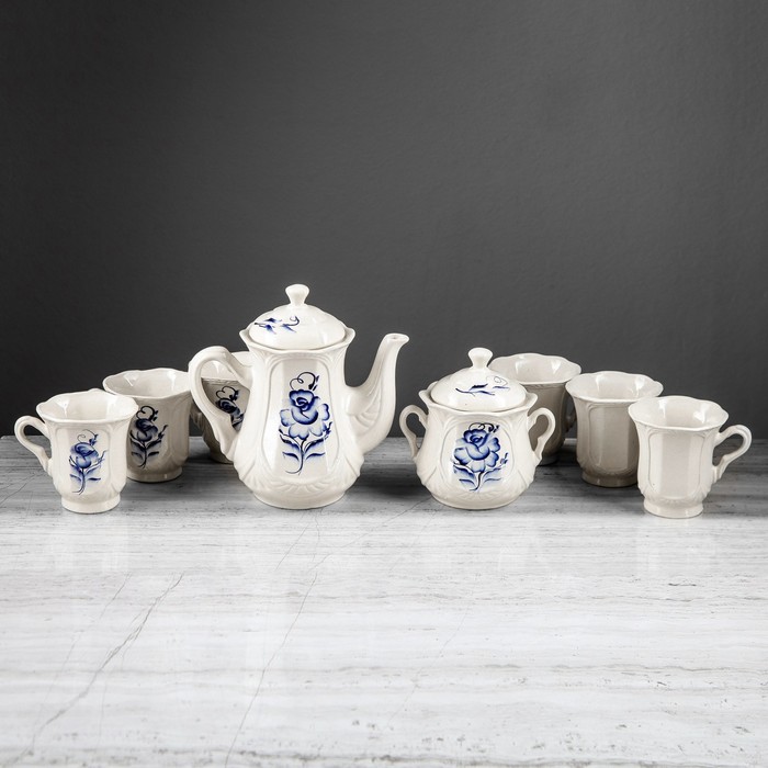 Чайный сервиз "Ажур" гжель, цветы, 8 предметов: сахарница, чайник 1 л, 6 кружек 0,22 л, микс