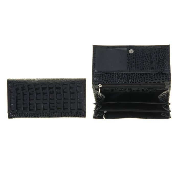 Кошелёк женский на кнопке, 3 отдела для купюр, для монет, для кредитных карт, цвет чёрный