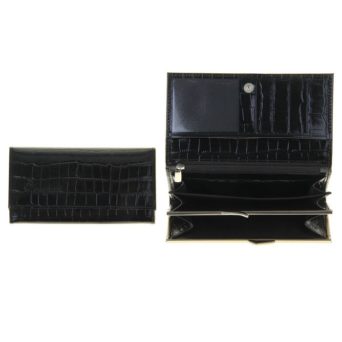 Кошелёк женский на кнопке, 3 отдела для купюр, для монет, для кредитных карт, цвет чёрный