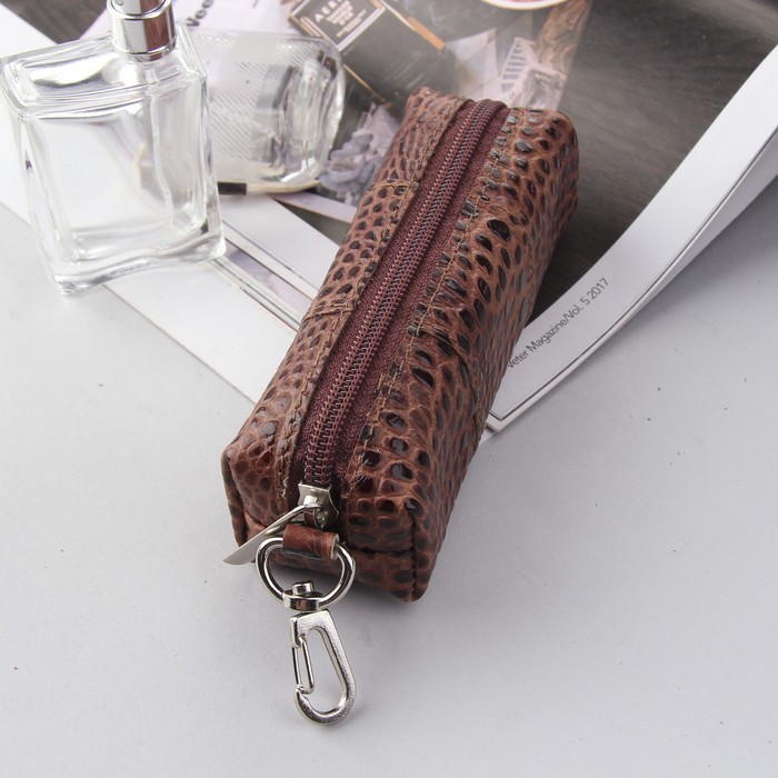Ключница на молнии, кольцо, кайман, цвет коричневый
