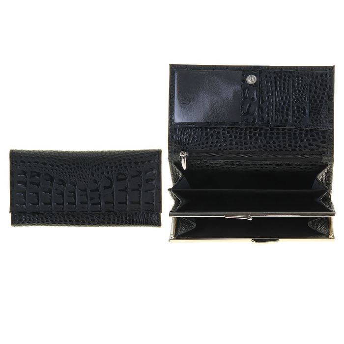 Кошелёк женский на кнопке, 3 отдела для купюр, для монет, для кредитных карт, цвет чёрный