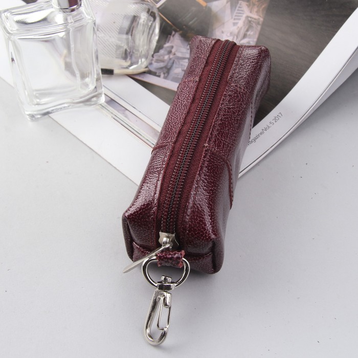 Ключница на молнии, кольцо, карабин, цвет бордовый