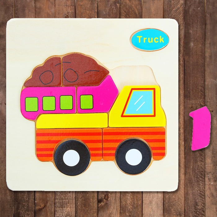 Пазл-вкладыш на деревянном основании "Грузовик", 11 элементов
