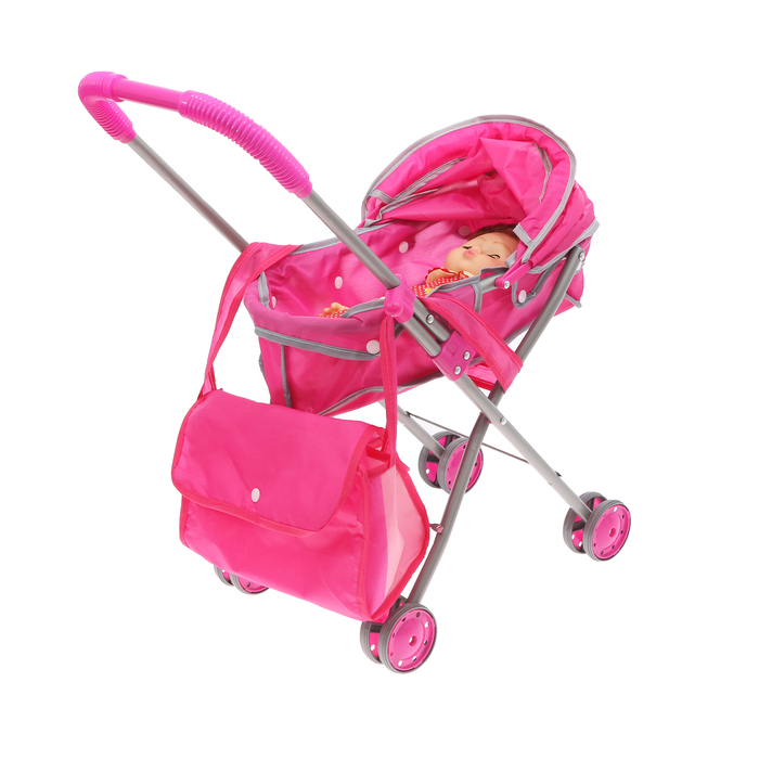 Коляска для кукол "Ромашка" с металлическим каркасом, пупс (высота 31,5 см.), сумка, цвета МИКС