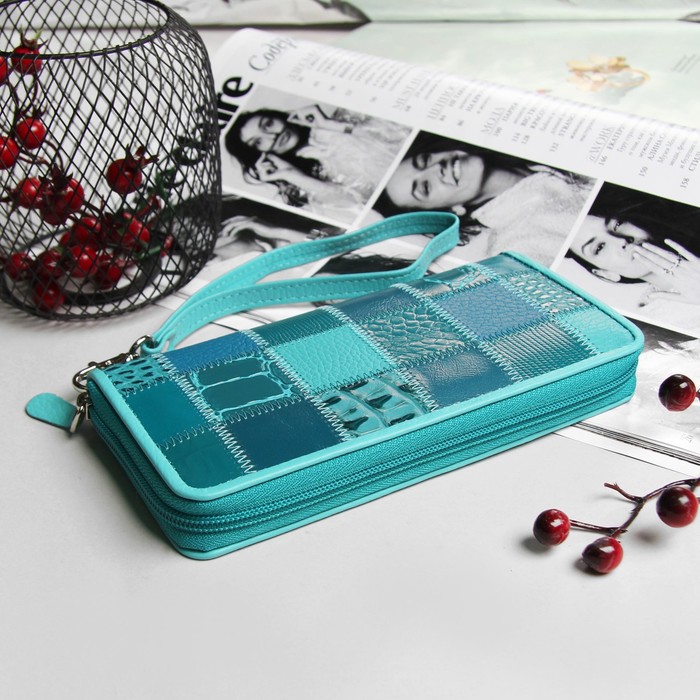 Кошелёк женский, 3 отдела, для карт, для монет, ручка, цвет комбинированный бирюзовый