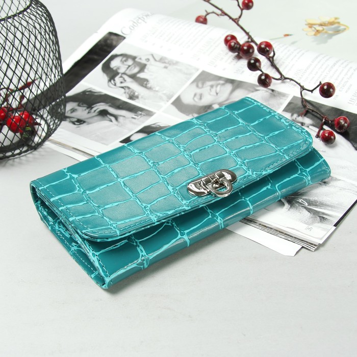 Кошелёк женский на клапане, 2 отдела, отдел для кредиток, отдел для монет, наружный карман, глянцевый, скат бирюзовый