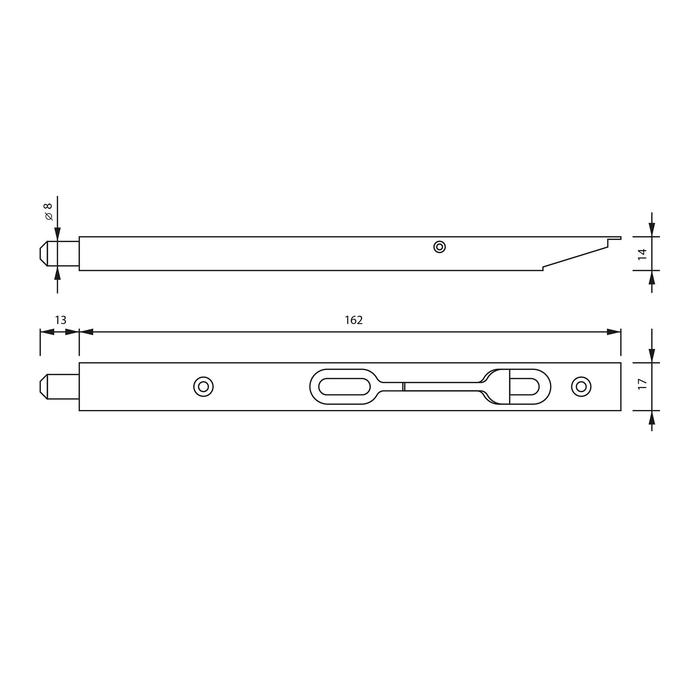 Шпингалет торцевой врезной, 160 мм, цвет медь