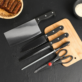 Набор кухонный на подставке, 5 предметов: ножи 16,5 см, 17 см,18 см, ножницы, ножеточка от Сима-ленд