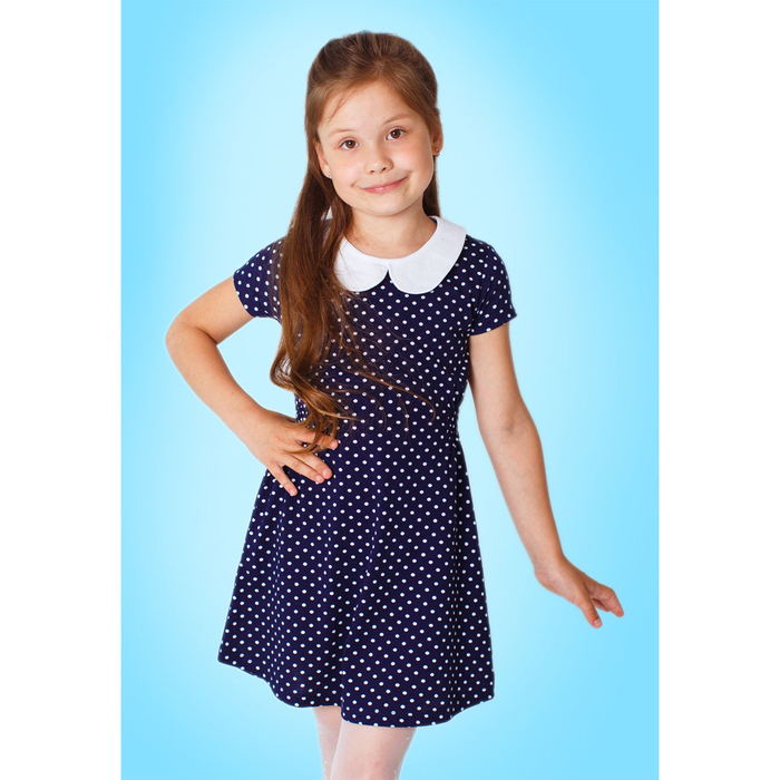 Платье для девочки короткий рукав, рост 92 см, цвет синий/горох