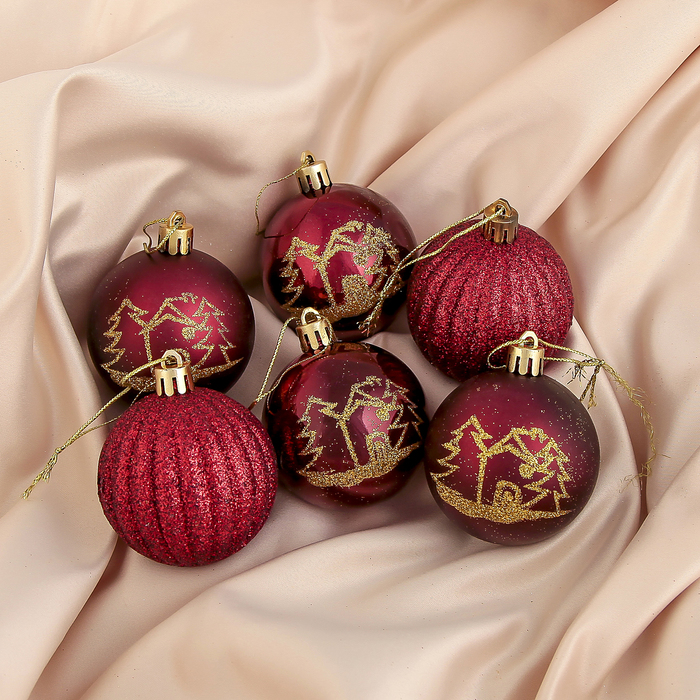 Новогодние шары "Ёлочки бордо" (набор 6 шт.)
