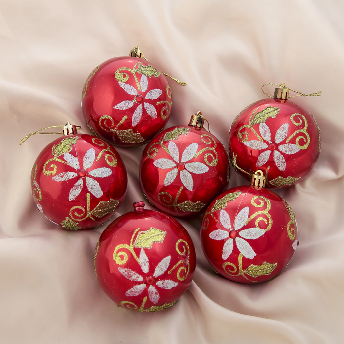Новогодние шары "Красный мираж с цветочками" (набор 6 шт.)