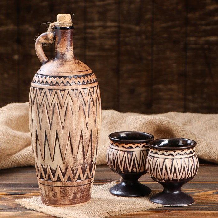 Штоф с рюмками "Грузия" шамот, 3 предмета, 1,5 л