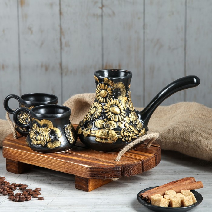 Кофейный набор лепка, чёрная глазурь, золото, 3 предмета, 0,5 л/ 0,25 л