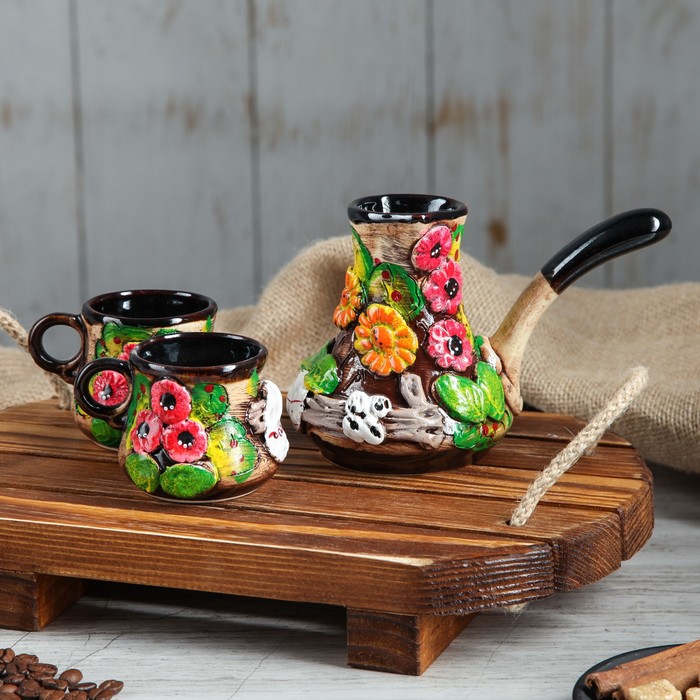 Кофейный набор лепка цветная, 3 предмета, 0,3 л/ 0,15 л