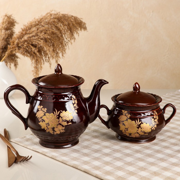 фото Чайный набор "витязь", деколь, 2 предмета: чайник 1,2 л, сахарница 0,7 л керамика ручной работы
