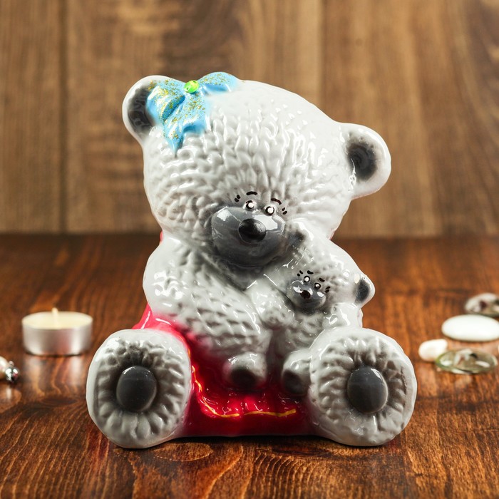 Копилка "Медведица с малышкой" малая, глянец, серая