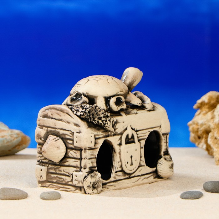 Декорации для аквариума "Сундук с черепахой" микс