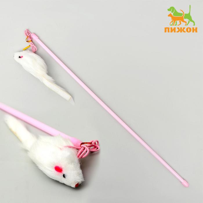фото Дразнилка-удочка с белой мышью, палочка микс цветов пижон