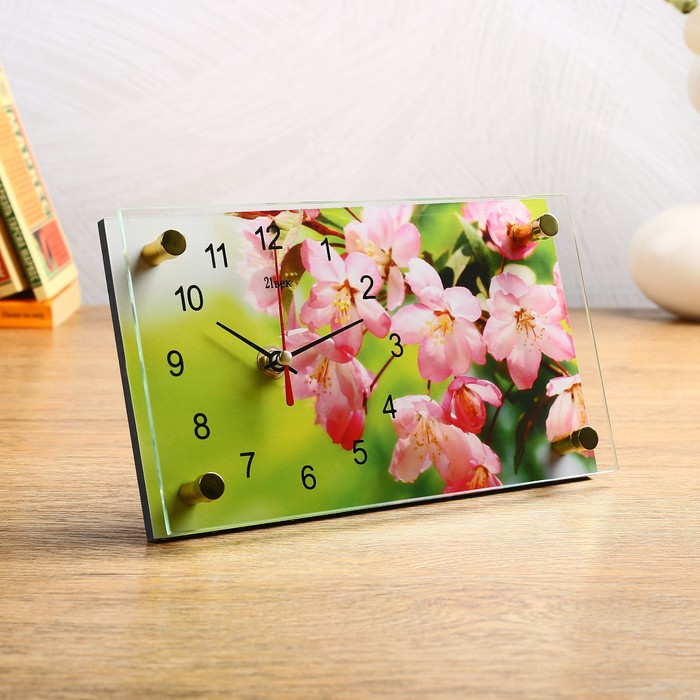 Часы настольные прямоугольные "Розовые цветы" 13х23 см микс