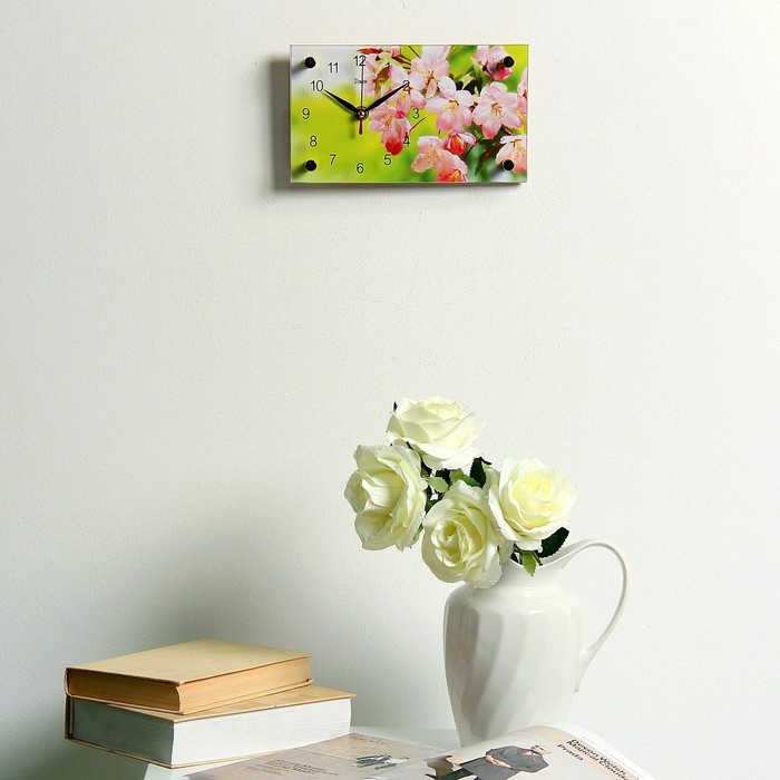 Часы настольные прямоугольные "Розовые цветы" 13х23 см микс