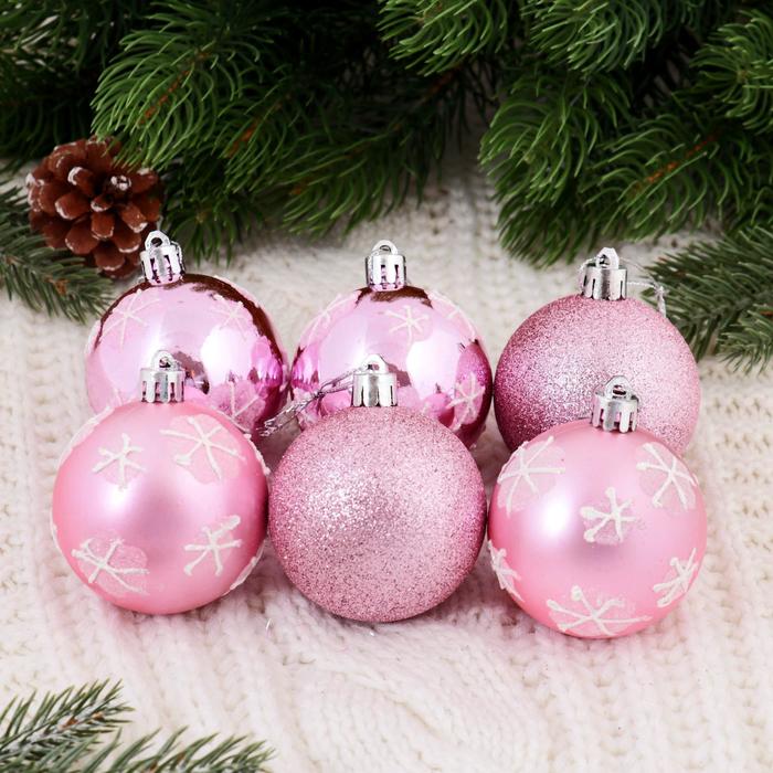 Новогодние шары "Розовая снежинка" (набор 6 шт.)