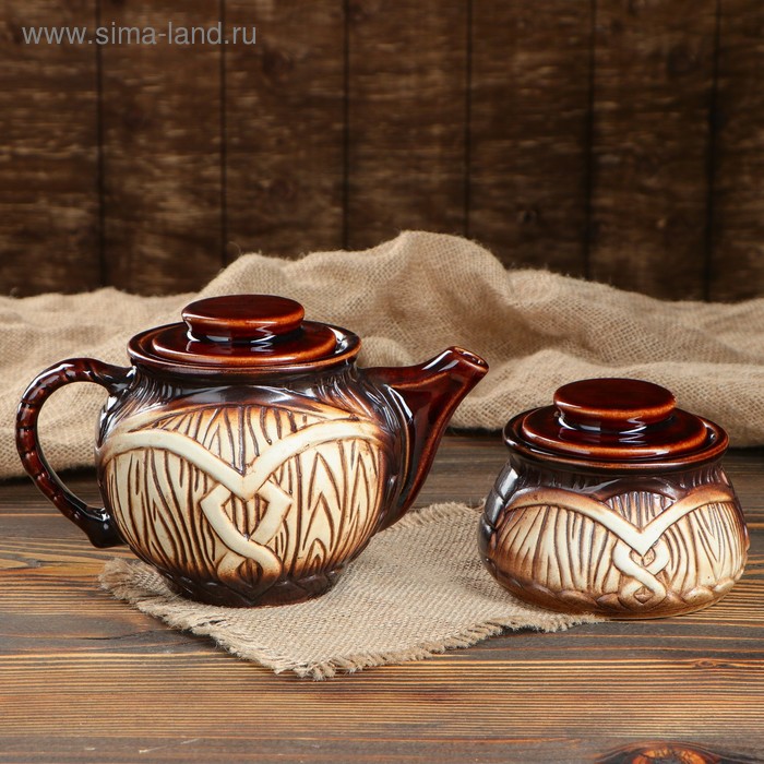 фото Чайный набор "бочка", 2 предмета: чайник 1 л, сахарница 0.45 л керамика ручной работы