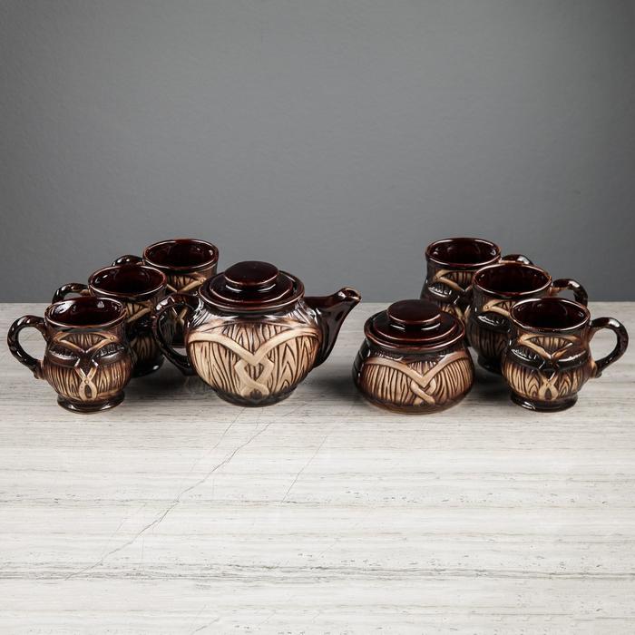 фото Набор чайный "бочка", 8 предметов: чайник 1 л, сахарница 0.8 л, чашки 0.35 л керамика ручной работы