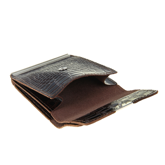 Зажим для купюр на кнопке, отдел для монет, крокодил, цвет тёмно-коричневый