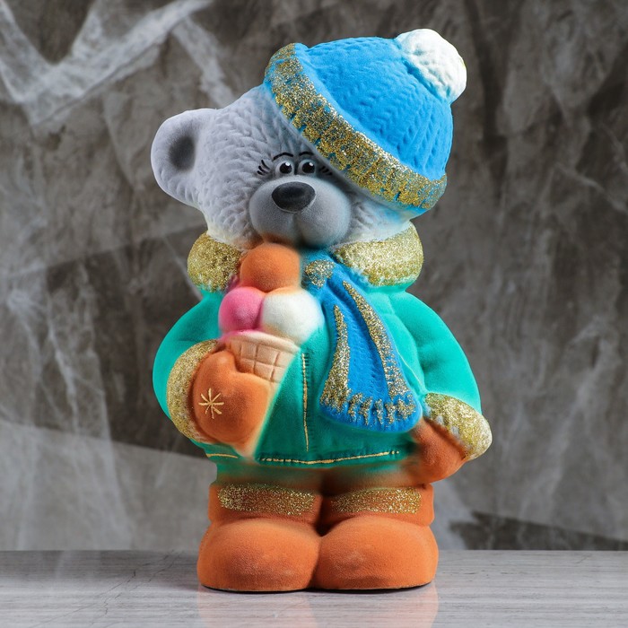 Копилка "Мишка с мороженым" флок, серая