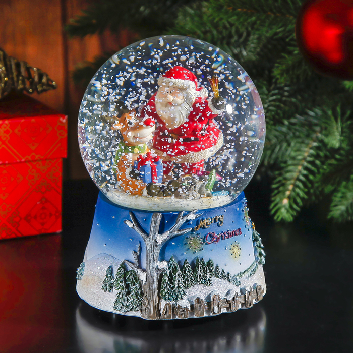 Сувенир - снежный шар водяной "Дед Мороз с оленёнком" музыкальный