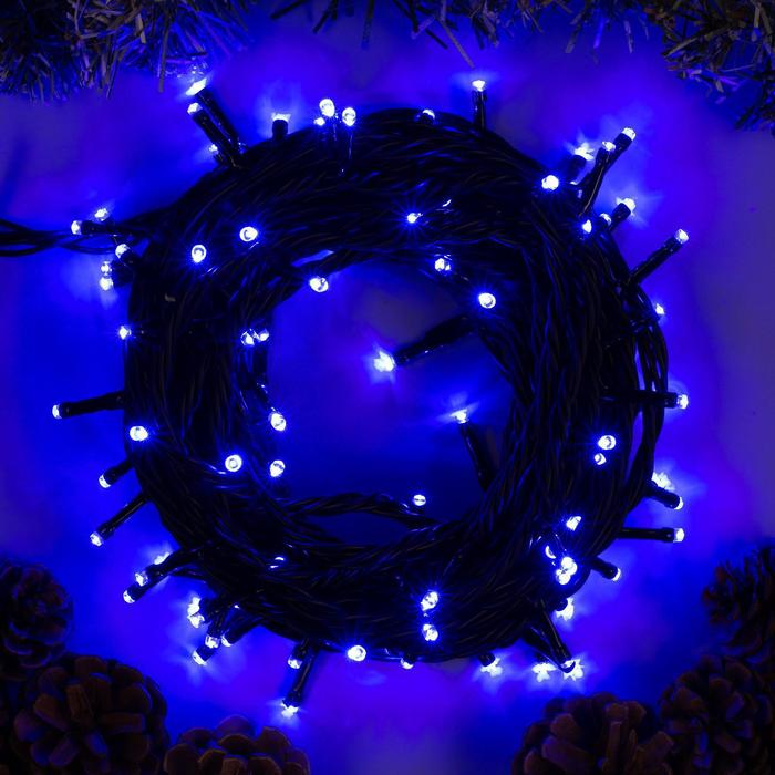 Гирлянда Нить 10 м , IP44, УМС, тёмная нить, 100 LED, свечение синее, 220 В