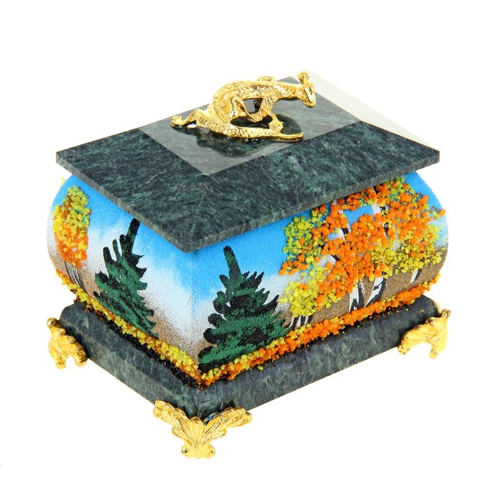 Шкатулка "Осень" с рисунком и ящеркой на ножках 5х7 см змеевик