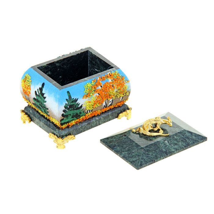 Шкатулка "Осень" с рисунком и ящеркой на ножках 5х7 см змеевик