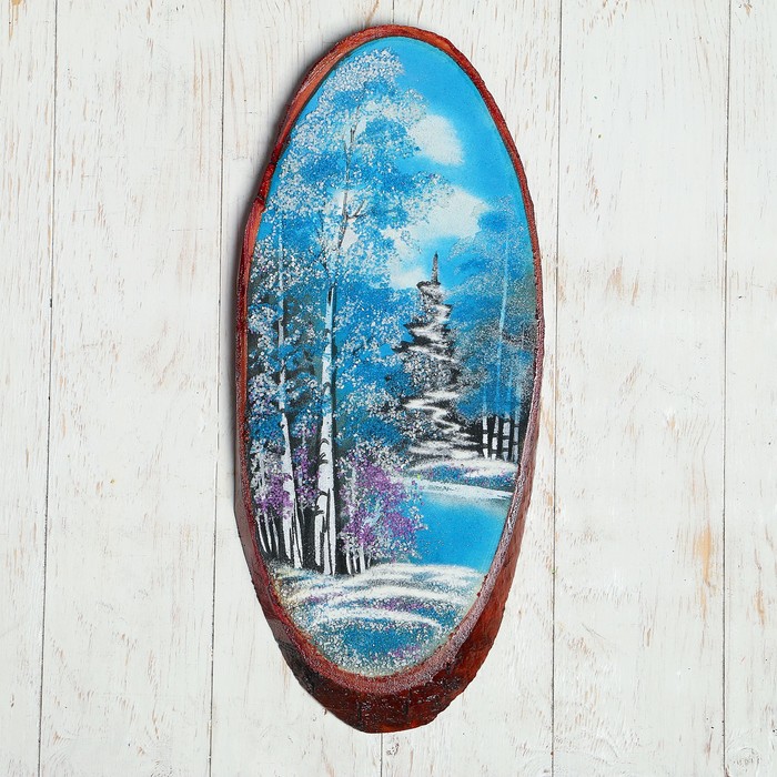 Картина Зима на срезе дерева 50 х 23 х 2 см, каменная крошка