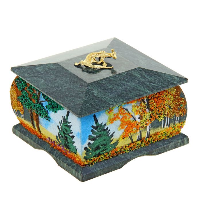 Шкатулка с рисунком "Осень" и ящеркой 9,5х9,5х7 см, змеевик