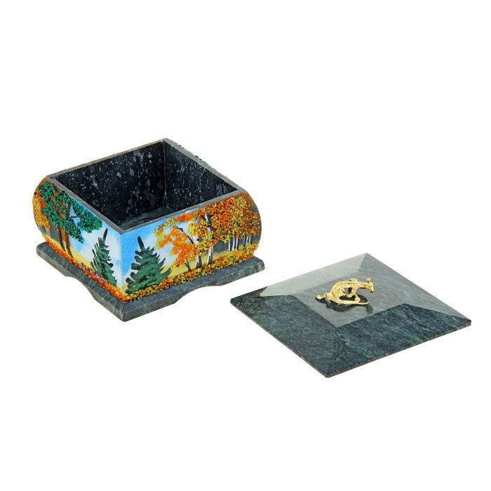 Шкатулка с рисунком "Осень" и ящеркой 9,5х9,5х7 см, змеевик