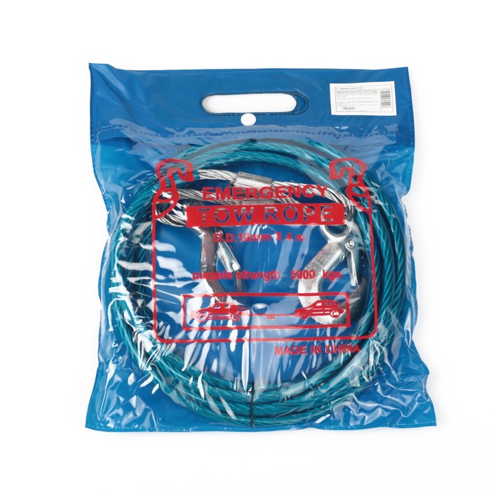 Трос буксировочный металлический в ПВХ оплётке, D10 мм, 4м, 5 тонн, 2 крюка