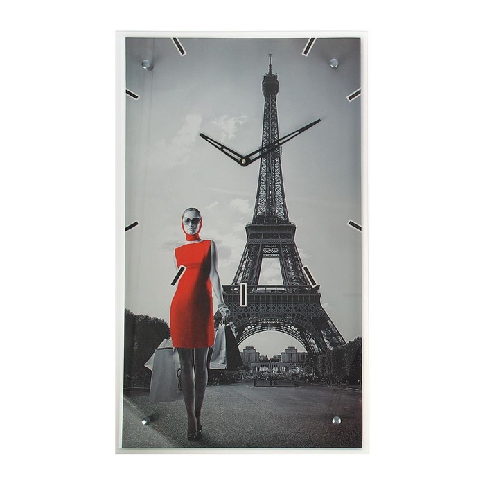 фото Часы настенные прямоугольные "девушка в красном платье в париже", 35х60 см сюжет