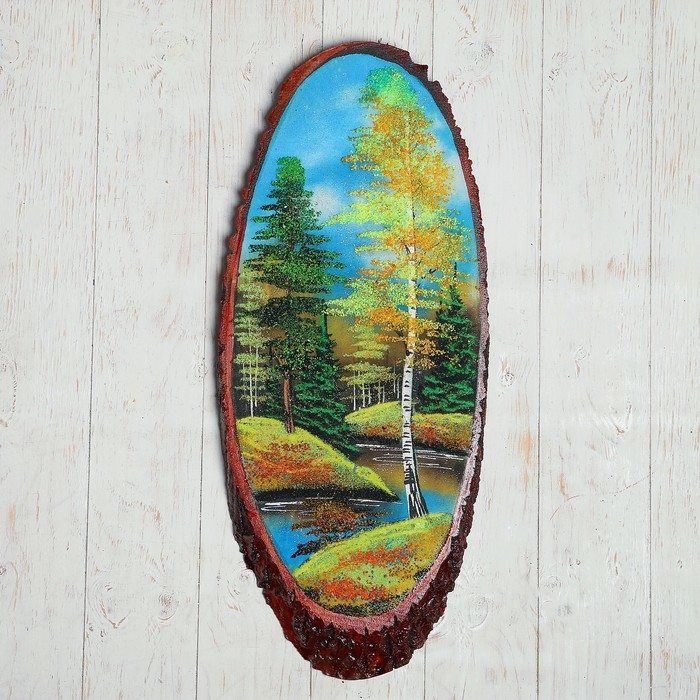 Картина Осень" в форме среза дерева 70 см, каменная крошка