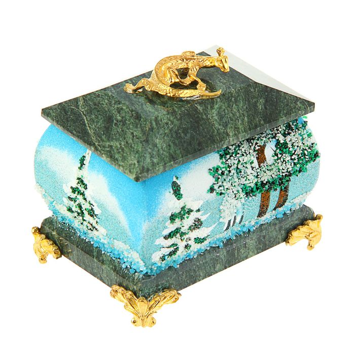 Шкатулка "Зима" с рисунком и ящеркой на ножках 5х7 см змеевик