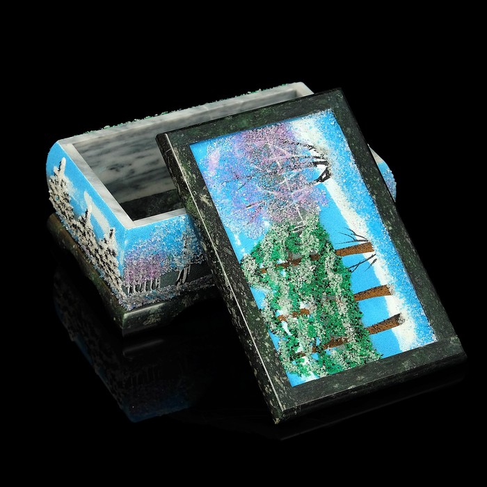 Шкатулка "Зима" рисованная вся 10х15х7 см змеевик