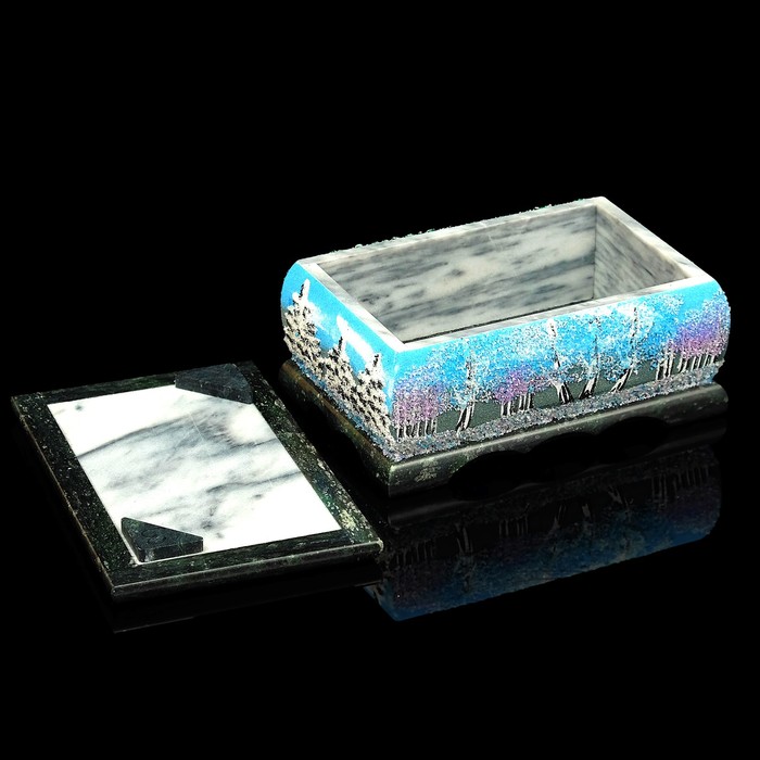 Шкатулка "Зима" рисованная вся 10х15х7 см змеевик