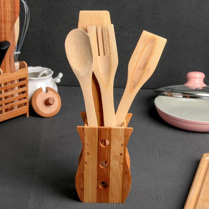 Набор кухонных принадлежностей «Бамбук», 4 предмета, на подставке набор кухонных принадлежностей доляна космос 4 предмета