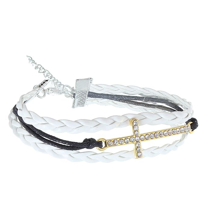 Браслет кожа "Крестик" 3 нити, цвет черно-белый в золоте