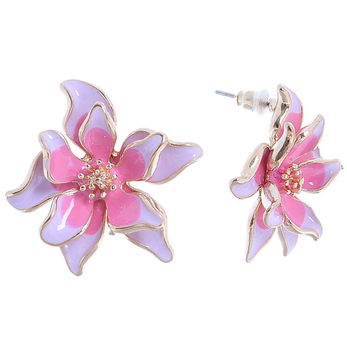 Серьги эмаль "Цветок" пион, цвет сиренево-розовый в золоте