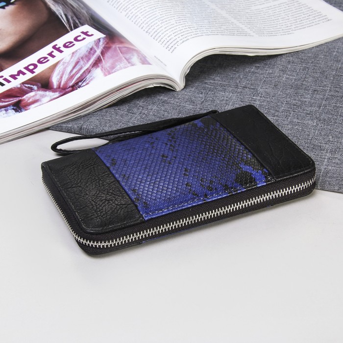 Кошелёк женский на молнии, 3 отдела, для карт, для монет, ручка, цвет чёрный/синий