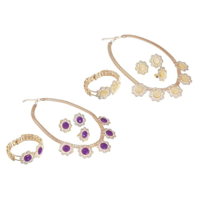 Набор 4 предмета: серьги, колье, браслет, кольцо "Арабика" цветы, цвет МИКС