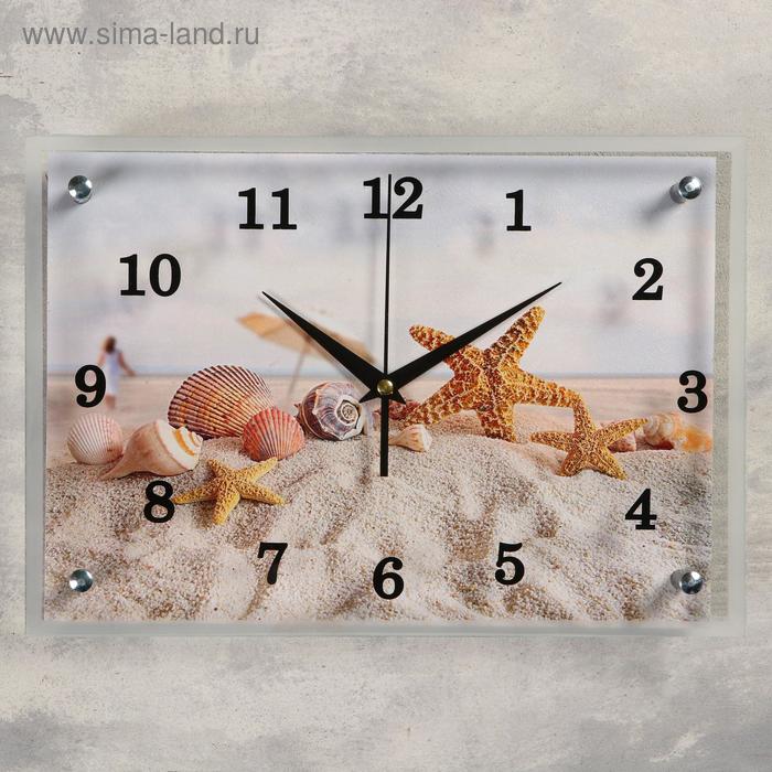 фото Часы настенные, серия: море, "морские звезды и ракушки на песке", 25х35 см, микс сюжет
