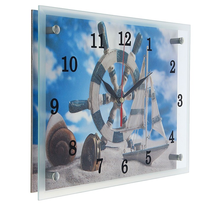 Часы настенные, серия: Море, "Штурвал и яхта на песке", 25х35  см, микс