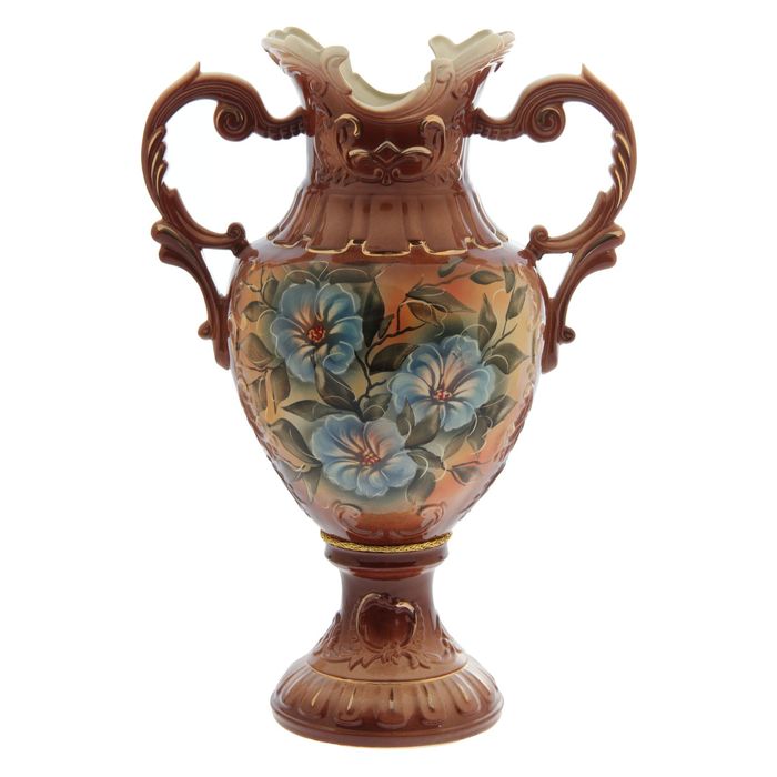 Ваза напольная "Астория" голубые цветы, коричневая